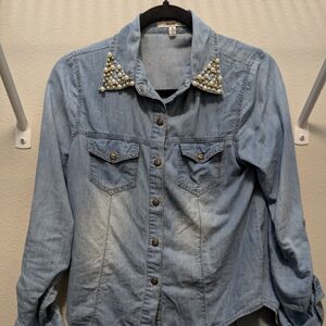 Papaya Light Blue Denim Shirt with Pearl Details
